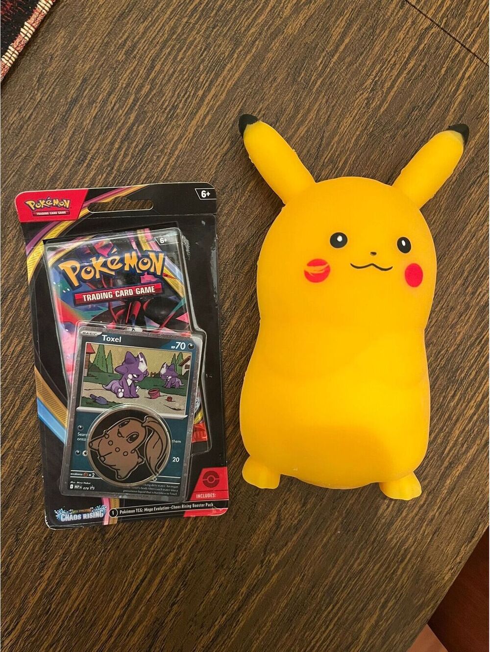 Pokemon Pikachu Squishy + Chaos Rising Booster Promo Card Coin Bundle